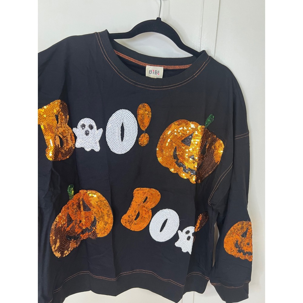BIBI Womens Halloween Sequin Boo Pumpkin Ghost Sweatshirt Black Large New - Picture 8 of 13